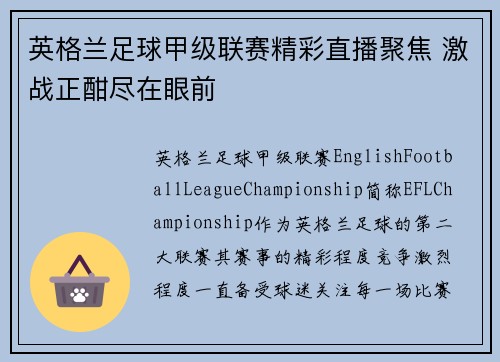 英格兰足球甲级联赛精彩直播聚焦 激战正酣尽在眼前