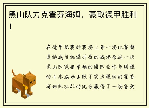 黑山队力克霍芬海姆，豪取德甲胜利！